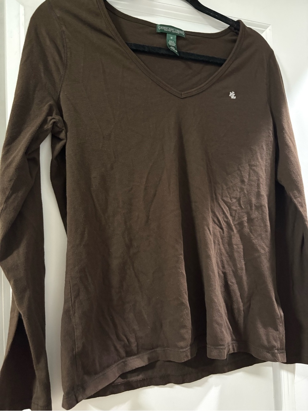 Ralph Lauren Women's Brown V-Neck Long Sleeve Tee